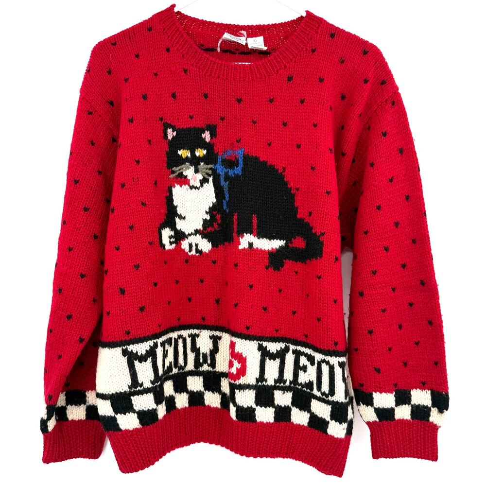 J. G. Hook Size Large Vintage Tuxedo Black White Cat Sweater 100% Wool Red Meow‎